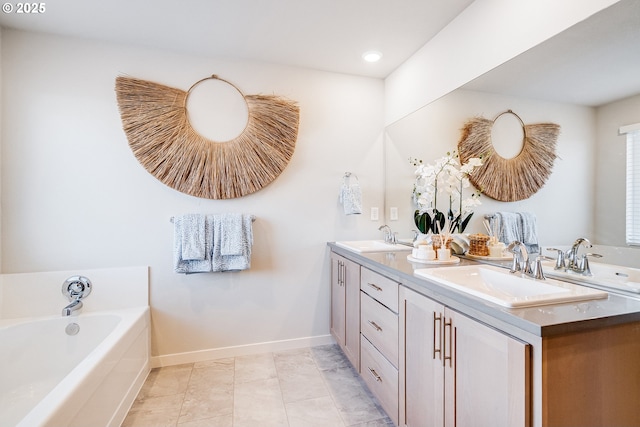 883 Legacy St, Eugene, OR 97402 - bathroom with double vanity, a garden tub, baseboards, and recessed lighting