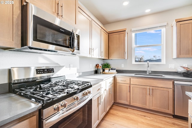 kitchen with light wood-type flooring, appliances with stainless steel finishes, and sink