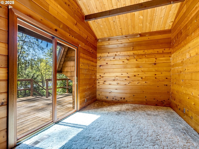26619 NE 77th Ave, Battle Ground, WA 98604 - empty room with carpet flooring, wood walls, wooden ceiling, and vaulted ceiling with beams