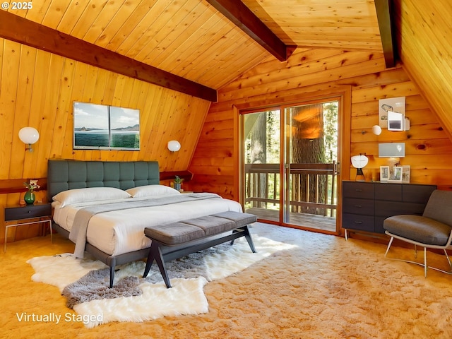 26619 NE 77th Ave, Battle Ground, WA 98604 - carpeted bedroom with wooden walls, wood ceiling, access to outside, and lofted ceiling with beams