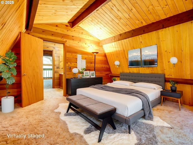 26619 NE 77th Ave, Battle Ground, WA 98604 - bedroom with carpet floors, lofted ceiling with beams, wood ceiling, and wooden walls