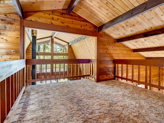 26619 NE 77th Ave, Battle Ground, WA 98604 - additional living space with lofted ceiling with beams, carpet, wooden walls, and wood ceiling