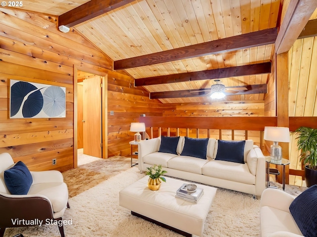 26619 NE 77th Ave, Battle Ground, WA 98604 - carpeted living area with lofted ceiling with beams, wood ceiling, ceiling fan, and wooden walls
