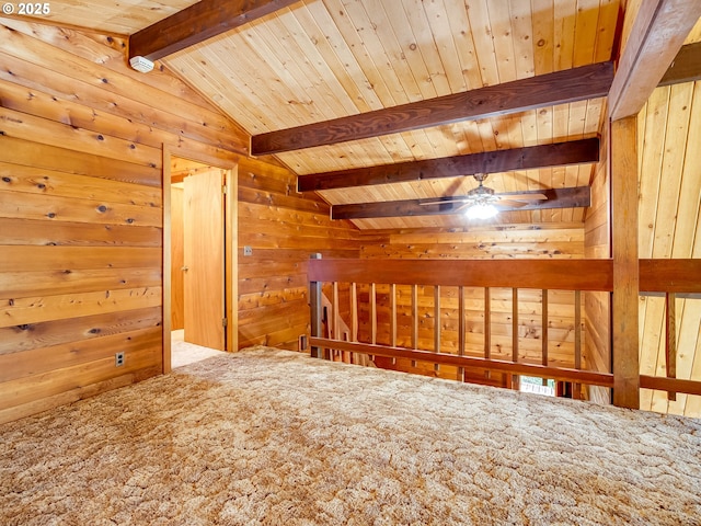 26619 NE 77th Ave, Battle Ground, WA 98604 - bonus room with ceiling fan, wood walls, wooden ceiling, lofted ceiling with beams, and carpet flooring