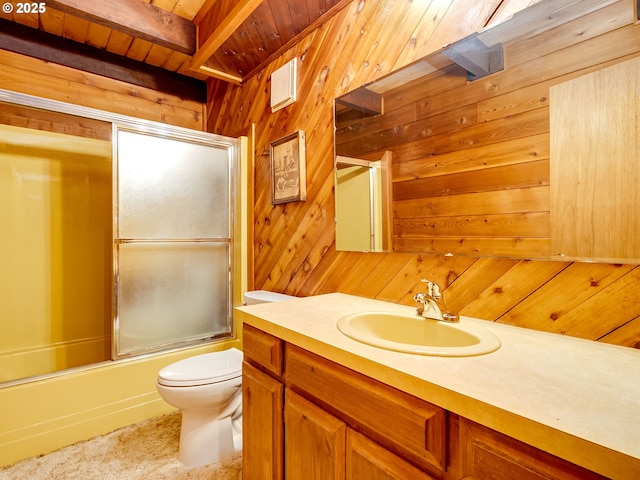 26619 NE 77th Ave, Battle Ground, WA 98604 - bathroom with vanity, toilet, wood walls, combined bath / shower with glass door, and wood ceiling