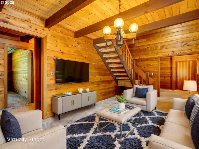 26619 NE 77th Ave, Battle Ground, WA 98604 - living room with wood walls, stairway, and wooden ceiling