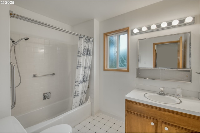 full bathroom featuring shower / bath combination with curtain, toilet, and vanity