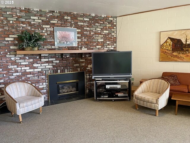 sitting room featuring carpet floors and a fireplace