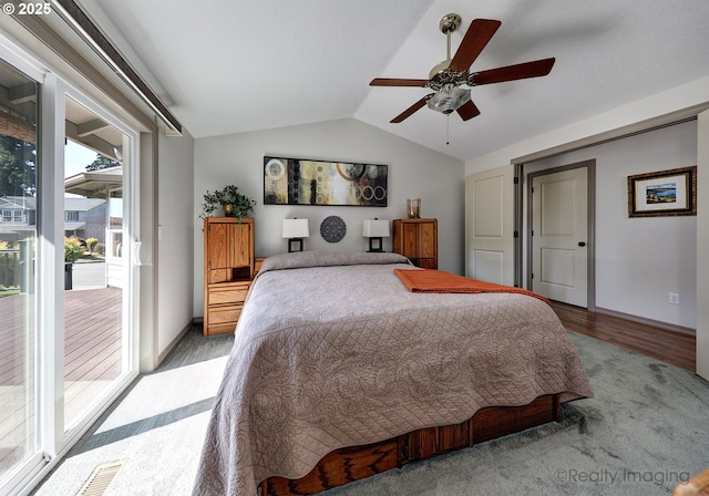 9312 NE 30th Ave, Vancouver, WA 98665 - carpeted bedroom with access to outside, lofted ceiling, wood finished floors, and a ceiling fan