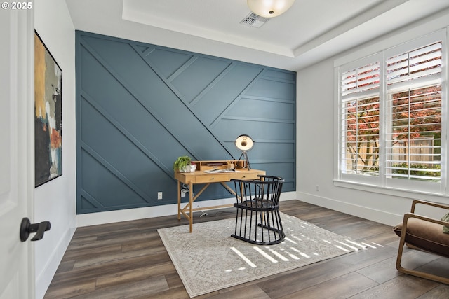 5360 NW 18th Ave, Camas, WA 98607 - office space featuring a decorative wall, dark wood-type flooring, baseboards, and a raised ceiling