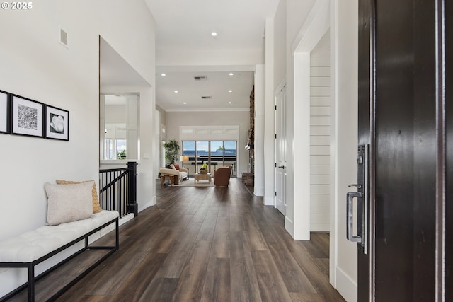 5360 NW 18th Ave, Camas, WA 98607 - hall featuring baseboards, dark wood-style flooring, crown molding, and recessed lighting