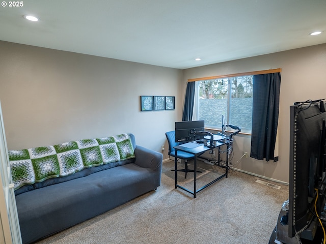 carpeted office with recessed lighting, visible vents, and baseboards