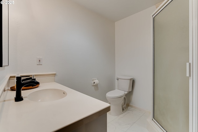 36555 Mcgowan Creek Rd, Springfield, OR 97478 - bathroom featuring marble look tiles, a shower stall, and vanity