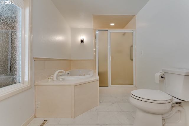 36555 Mcgowan Creek Rd, Springfield, OR 97478 - bathroom with a bath, a stall shower, and marble look tile flooring