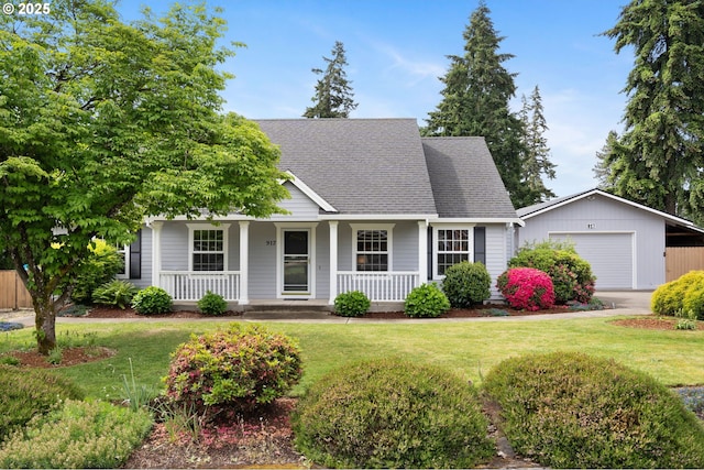 view of front of property featuring covered porch, a front yard, and a shingled roof