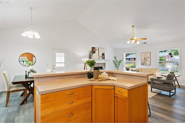 kitchen featuring open floor plan, a ceiling fan, lofted ceiling, dark wood-style flooring, and a fireplace