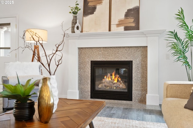 detailed view of wood finished floors and a glass covered fireplace