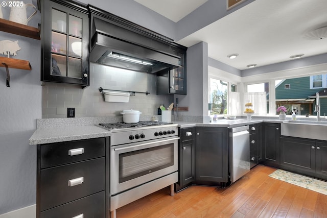 683 Laurel, Junction City, OR 97448 - kitchen featuring stainless steel appliances, a sink, range hood, light wood-type flooring, and glass insert cabinets