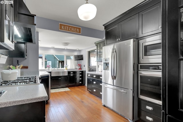 683 Laurel, Junction City, OR 97448 - kitchen featuring stainless steel appliances, dark cabinets, light countertops, and light wood-style floors