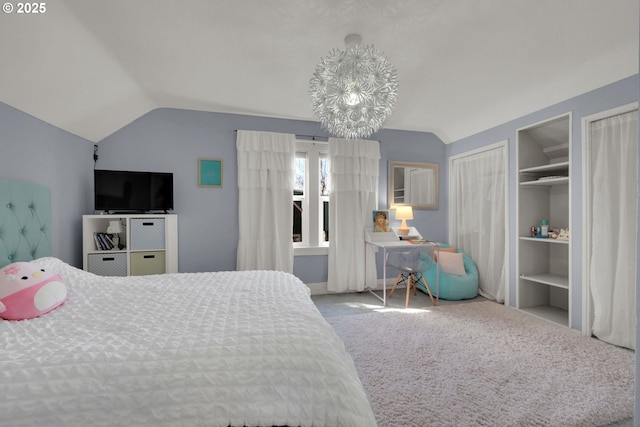 683 Laurel, Junction City, OR 97448 - bedroom featuring lofted ceiling, carpet floors, multiple closets, and a chandelier