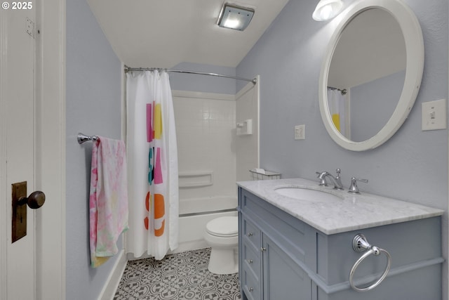 683 Laurel, Junction City, OR 97448 - full bath featuring vanity, toilet, shower / bath combo with shower curtain, and tile patterned flooring