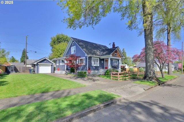 683 Laurel, Junction City, OR 97448 - view of front of property with a chimney, concrete driveway, a porch, and a detached garage