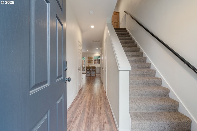 5862 SE Woodland Dr, Gresham, OR 97080 - entrance foyer with baseboards, recessed lighting, stairway, light wood-style flooring, and visible vents