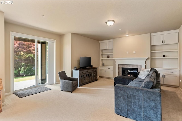 2814 NW Hill St, Camas, WA 98607 - living room featuring light carpet and a tile fireplace