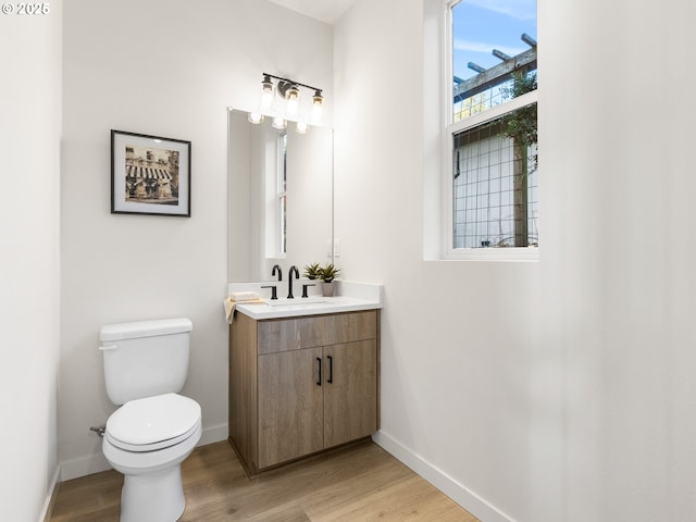 bathroom with vanity, toilet, and wood-type flooring