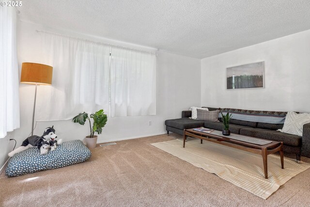 9259 SE Clay St, Portland, OR 97216 - carpeted living room with a textured ceiling and baseboards