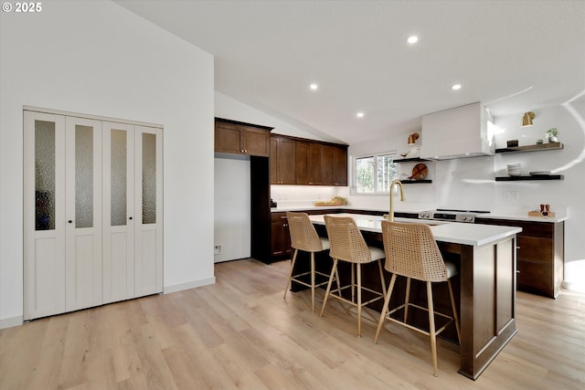 kitchen with premium range hood, an island with sink, a kitchen bar, vaulted ceiling, and light wood-type flooring