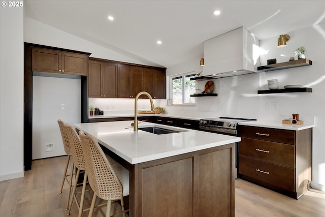 kitchen featuring lofted ceiling, sink, range hood, light hardwood / wood-style floors, and an island with sink