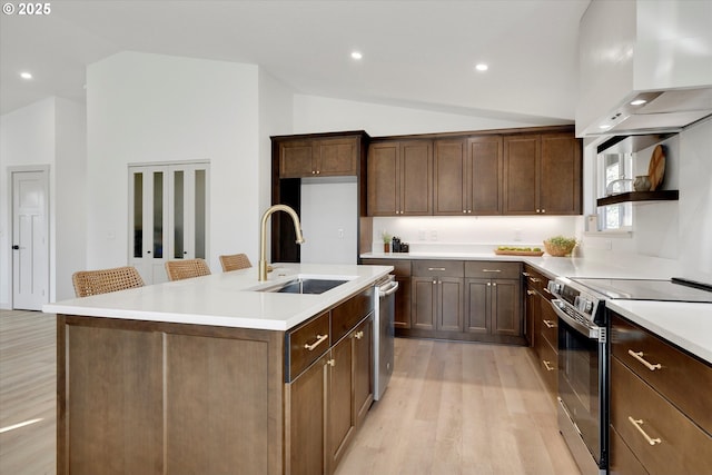 kitchen featuring sink, custom exhaust hood, a center island with sink, light wood-type flooring, and stainless steel appliances