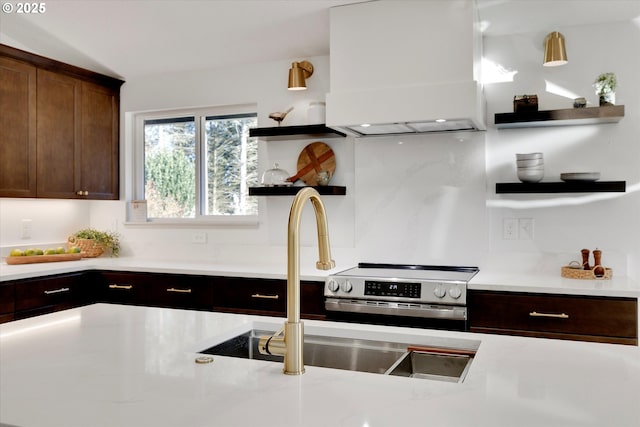 kitchen featuring premium range hood, dark brown cabinetry, and stainless steel range with electric cooktop