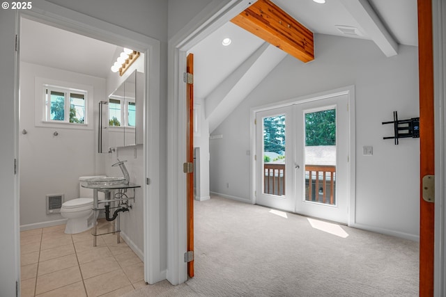 1605 NE 76th Ave, Portland, OR 97213 - bathroom with french doors, recessed lighting, and tile patterned flooring
