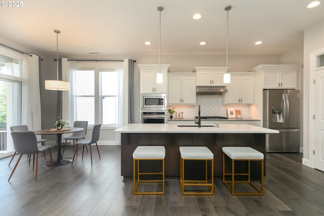 16922 NW Madrone St, Portland, OR 97229 - kitchen with stainless steel appliances, a sink, under cabinet range hood, tasteful backsplash, and an island with sink