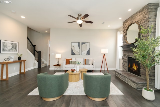 16922 NW Madrone St, Portland, OR 97229 - living room featuring stairway, ceiling fan, a fireplace, wood finished floors, and recessed lighting