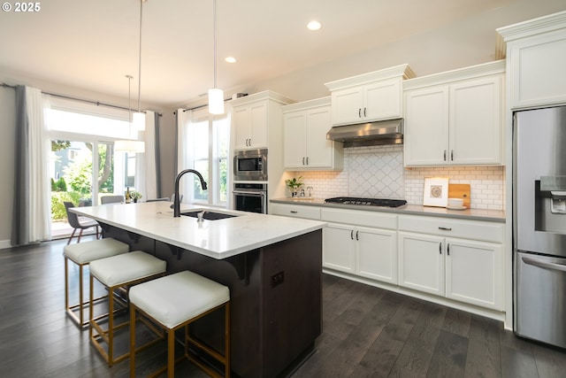 16922 NW Madrone St, Portland, OR 97229 - kitchen featuring a sink, under cabinet range hood, stainless steel appliances, tasteful backsplash, and dark wood-style floors