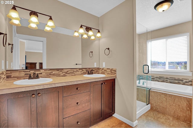 14670 SW 78th Ave, Tigard, OR 97224 - full bathroom featuring decorative backsplash, a shower stall, double vanity, and a bath