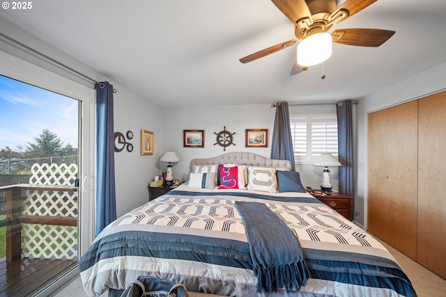 bedroom with ceiling fan and a closet