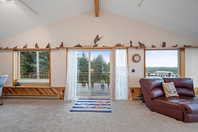 living room featuring lofted ceiling with beams, a baseboard heating unit, and light carpet