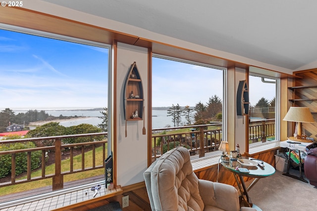 sunroom featuring a water view