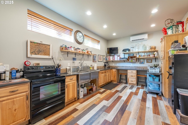 2507 NE 59th St, Vancouver, WA 98663 - kitchen featuring black electric range, open shelves, a wall mounted air conditioner, recessed lighting, and light wood finished floors