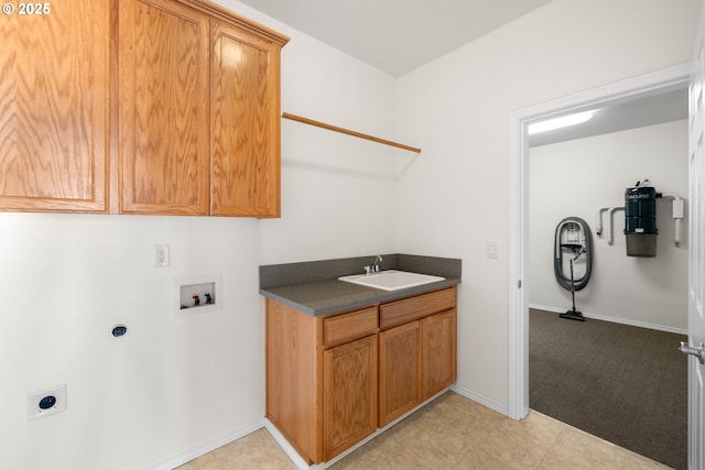 laundry room with washer hookup, electric dryer hookup, cabinets, light carpet, and sink