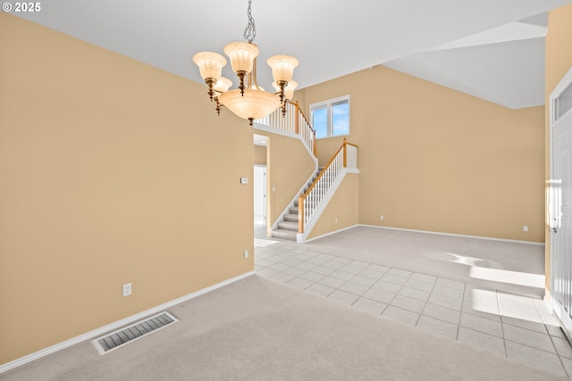 interior space with light tile patterned flooring and a notable chandelier