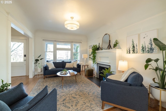 living room with a brick fireplace and wood finished floors