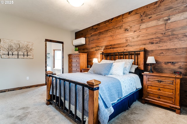 bedroom with light carpet, a wall mounted air conditioner, and wooden walls