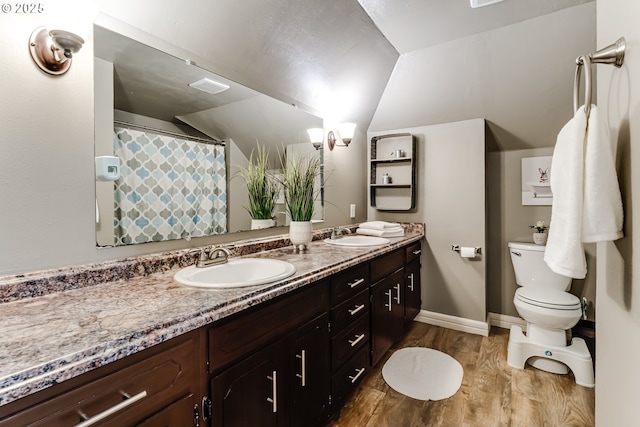 bathroom featuring vanity, lofted ceiling, hardwood / wood-style floors, and toilet