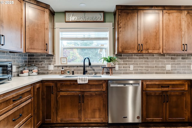 kitchen featuring sink, decorative backsplash, and stainless steel dishwasher