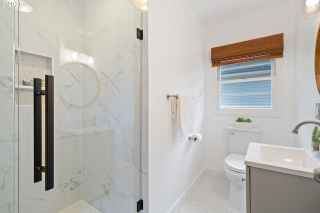 17787 Kelok Rd, Lake Oswego, OR 97034 - bathroom featuring baseboards, toilet, vanity, a marble finish shower, and speckle patterned floor